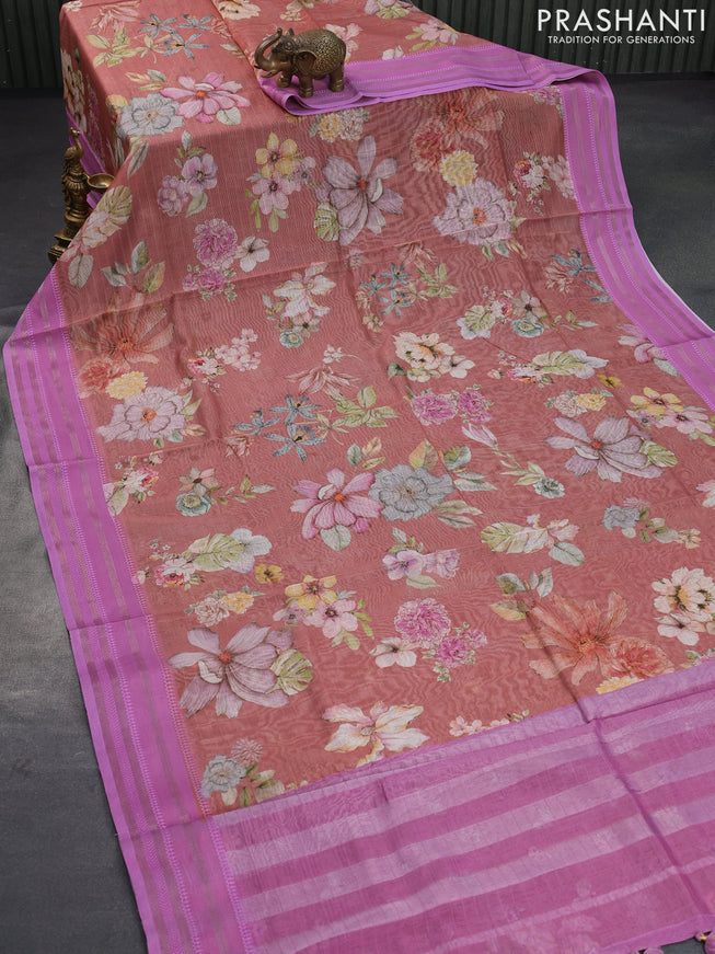 Maheshwari silk cotton saree rust shade and pink shade with allover floral prints and thread & zari woven border