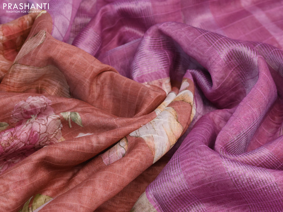 Maheshwari silk cotton saree rust shade and pink shade with allover floral prints and thread & zari woven border