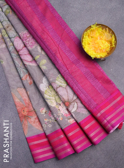 Maheshwari silk cotton saree grey shade and pink with allover floral prints and thread & zari woven border