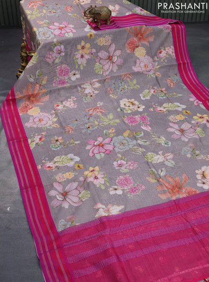 Maheshwari silk cotton saree grey shade and pink with allover floral prints and thread & zari woven border