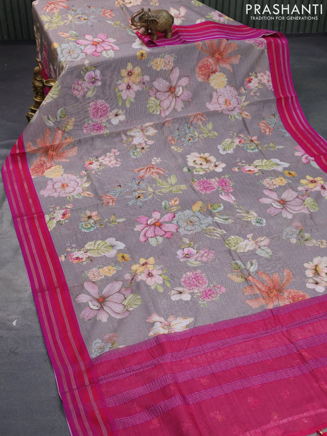 Maheshwari silk cotton saree grey shade and pink with allover floral prints and thread & zari woven border