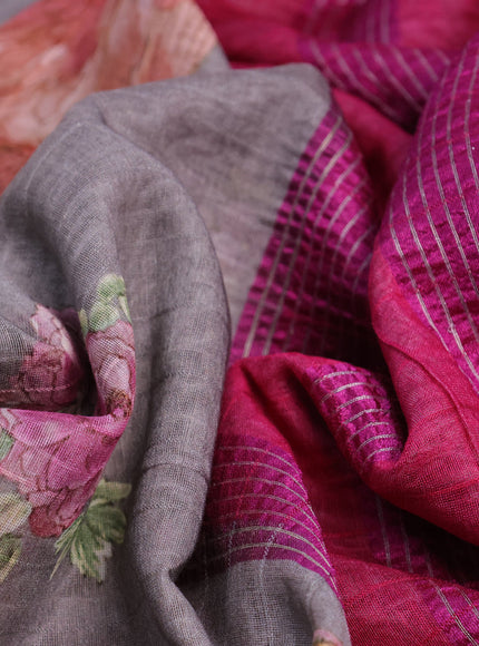 Maheshwari silk cotton saree grey shade and pink with allover floral prints and thread & zari woven border