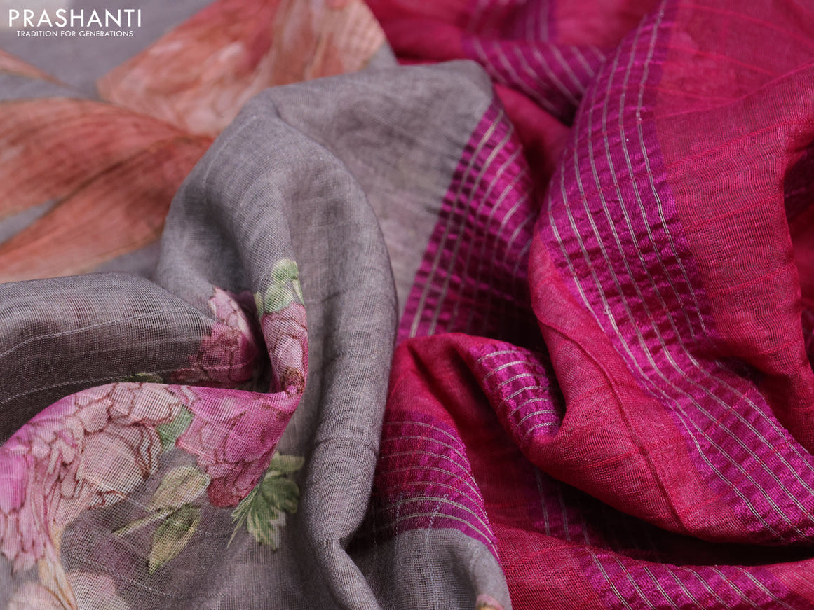 Maheshwari silk cotton saree grey shade and pink with allover floral prints and thread & zari woven border