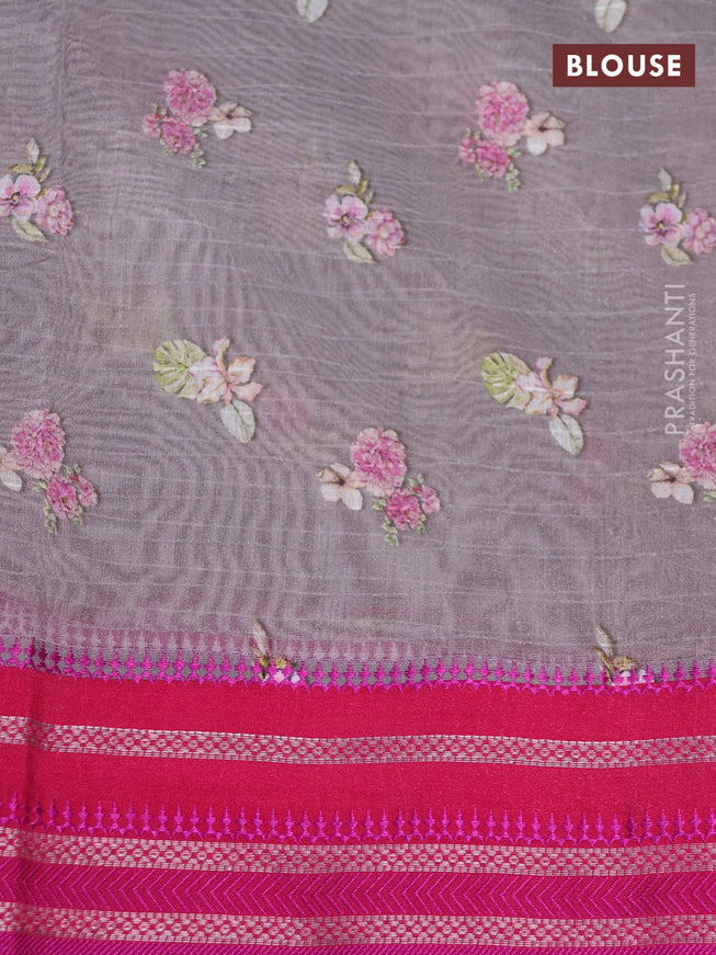 Maheshwari silk cotton saree grey shade and pink with allover floral prints and thread & zari woven border