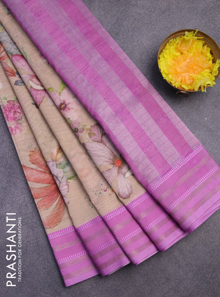 Maheshwari silk cotton saree sandal and pink shade with allover floral prints and thread & zari woven border