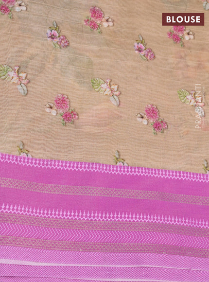 Maheshwari silk cotton saree sandal and pink shade with allover floral prints and thread & zari woven border