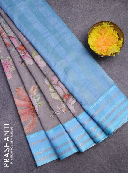 Maheshwari silk cotton saree grey shade and light blue with allover floral prints and thread & zari woven border