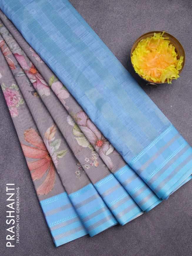 Maheshwari silk cotton saree grey shade and light blue with allover floral prints and thread & zari woven border