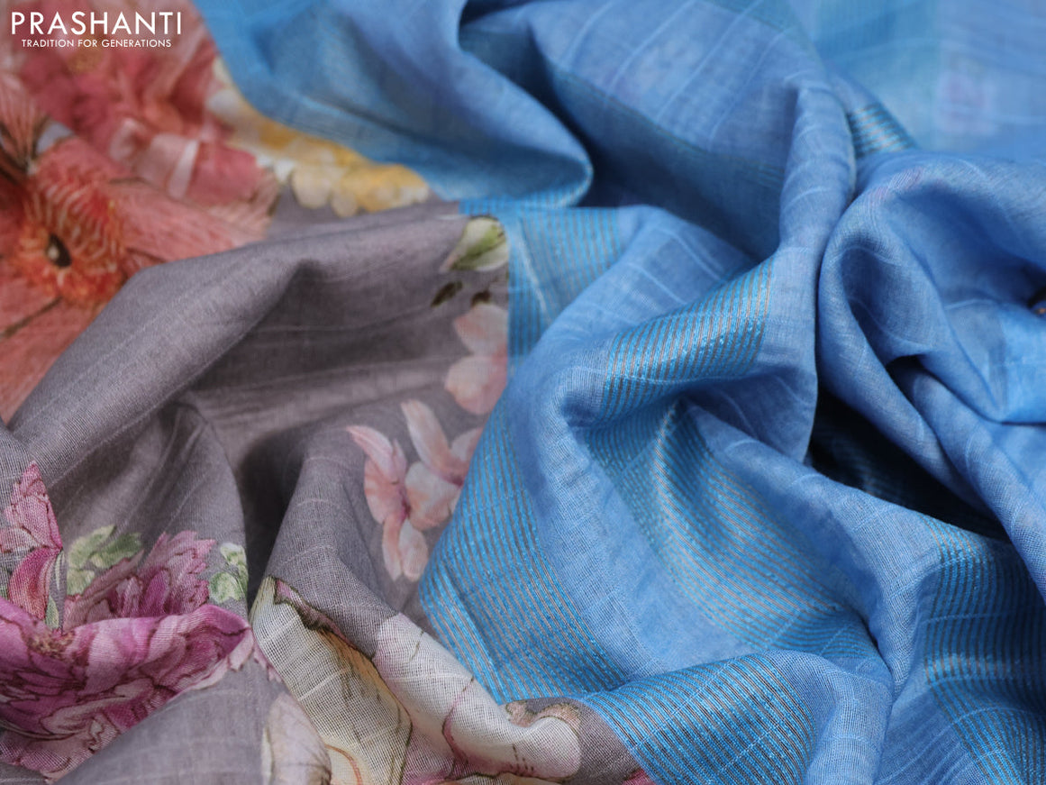 Maheshwari silk cotton saree grey shade and light blue with allover floral prints and thread & zari woven border