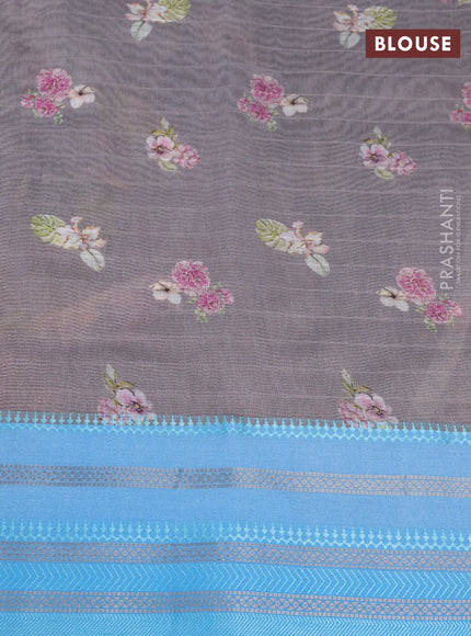 Maheshwari silk cotton saree grey shade and light blue with allover floral prints and thread & zari woven border