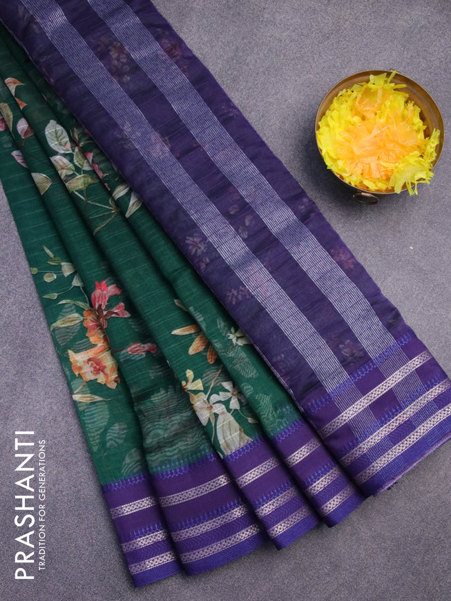 Maheshwari silk cotton saree green and blue with allover floral prints and thread & zari woven border