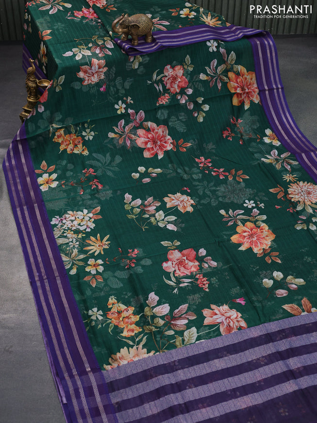 Maheshwari silk cotton saree green and blue with allover floral prints and thread & zari woven border