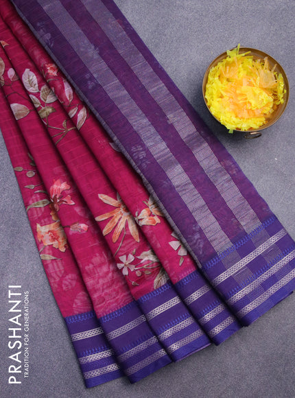 Maheshwari silk cotton saree magenta pink and blue with allover floral prints and thread & zari woven border