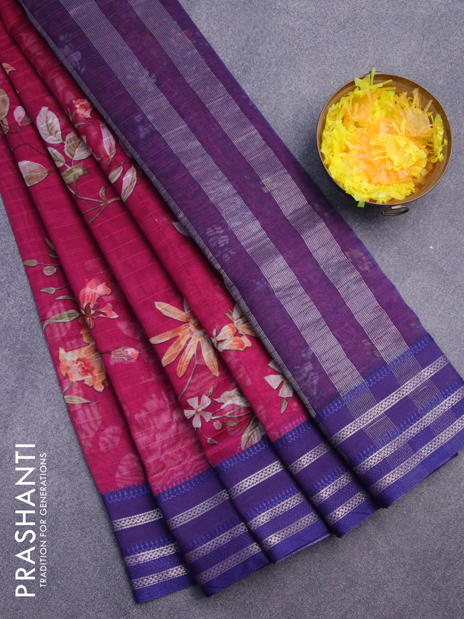 Maheshwari silk cotton saree magenta pink and blue with allover floral prints and thread & zari woven border