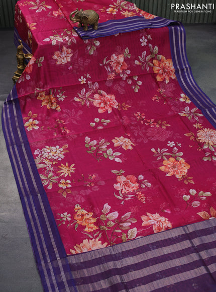 Maheshwari silk cotton saree magenta pink and blue with allover floral prints and thread & zari woven border