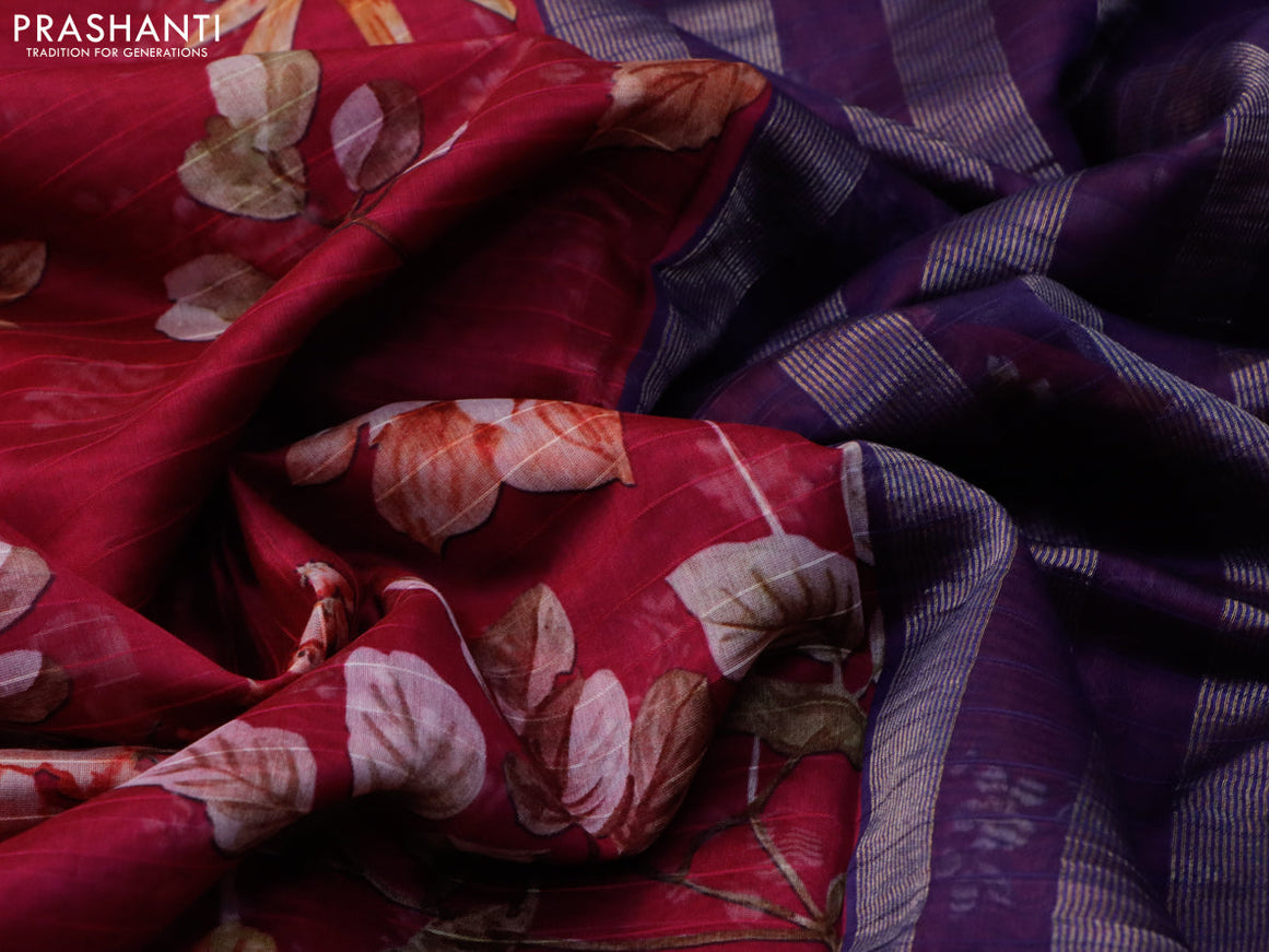 Maheshwari silk cotton saree magenta pink and blue with allover floral prints and thread & zari woven border