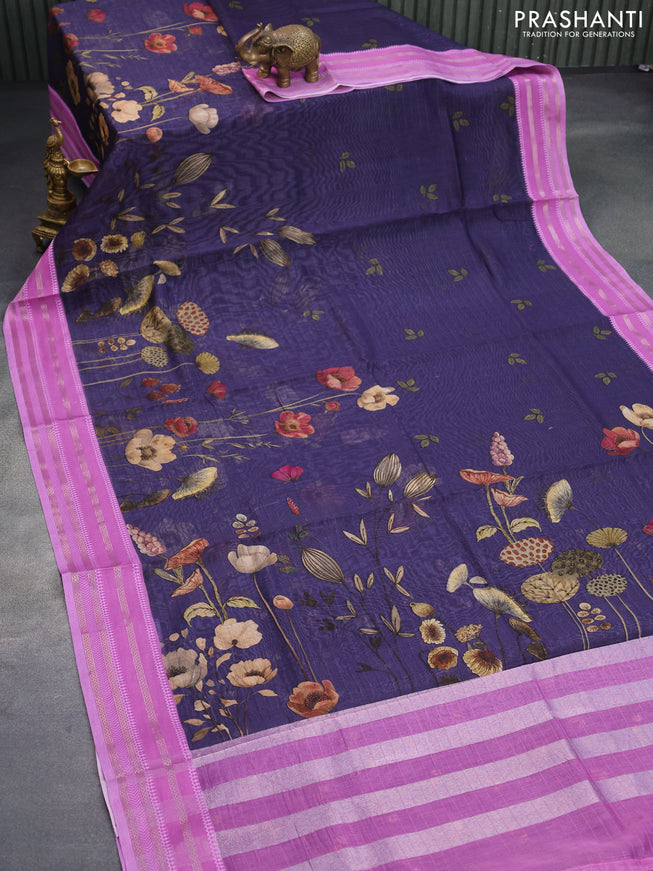 Maheshwari silk cotton saree navy blue and light pink with allover prints and thread & zari woven border