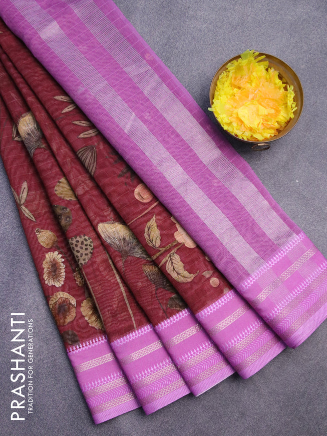 Maheshwari silk cotton saree maroon and light pink with allover prints and thread & zari woven border