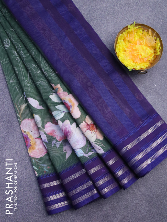 Maheshwari silk cotton saree green and blue with allover floral prints and thread & zari woven border