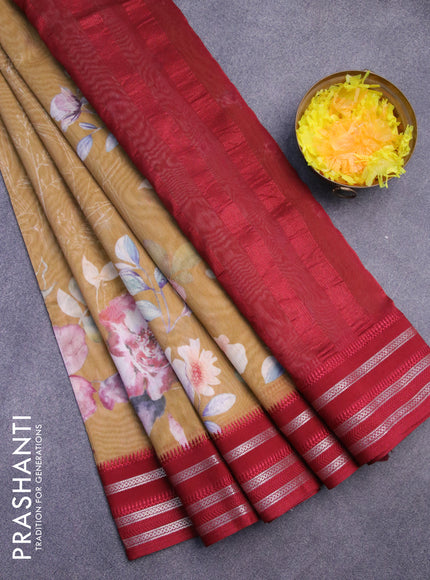 Maheshwari silk cotton saree mustard shade and maroon with allover floral prints and thread & zari woven border