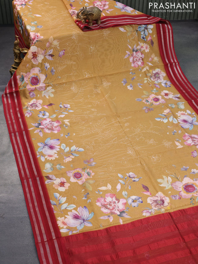 Maheshwari silk cotton saree mustard shade and maroon with allover floral prints and thread & zari woven border