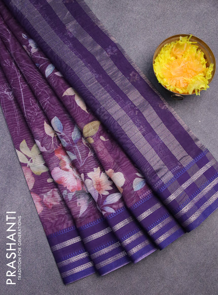 Maheshwari silk cotton saree deep purple and blue with allover floral prints and thread & zari woven border