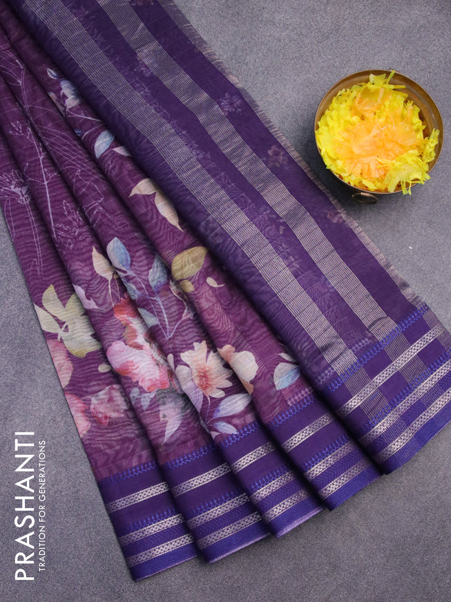 Maheshwari silk cotton saree deep purple and blue with allover floral prints and thread & zari woven border