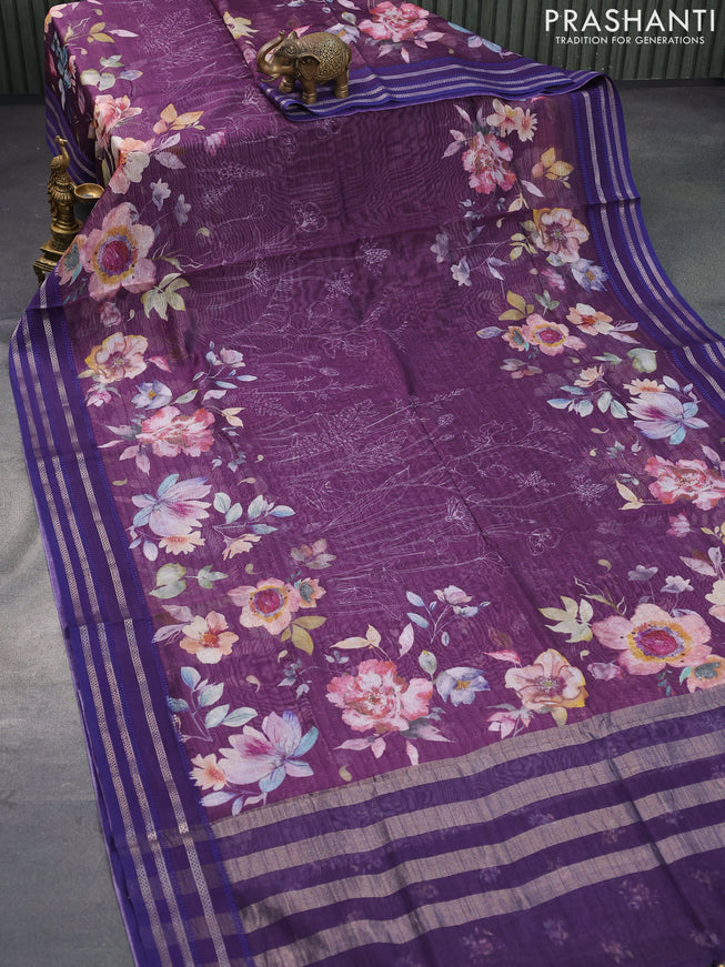 Maheshwari silk cotton saree deep purple and blue with allover floral prints and thread & zari woven border