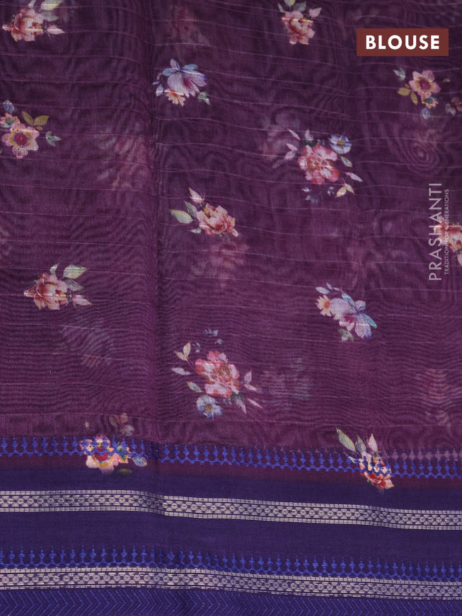 Maheshwari silk cotton saree deep purple and blue with allover floral prints and thread & zari woven border