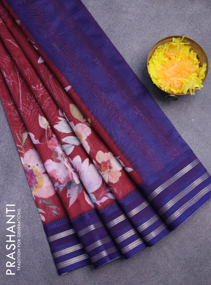 Maheshwari silk cotton saree maroon and blue with allover floral prints and thread & zari woven border