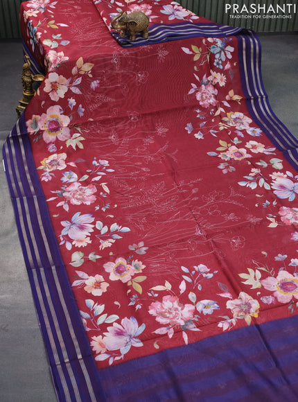 Maheshwari silk cotton saree maroon and blue with allover floral prints and thread & zari woven border