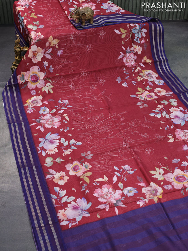 Maheshwari silk cotton saree maroon and blue with allover floral prints and thread & zari woven border