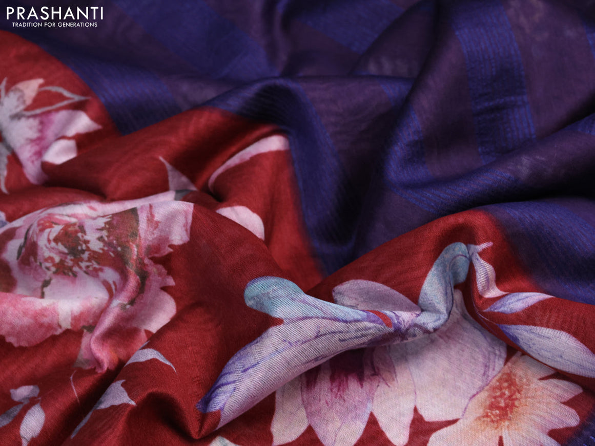 Maheshwari silk cotton saree maroon and blue with allover floral prints and thread & zari woven border