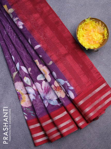 Maheshwari silk cotton saree purple shade and maroon with allover floral prints and thread & zari woven border