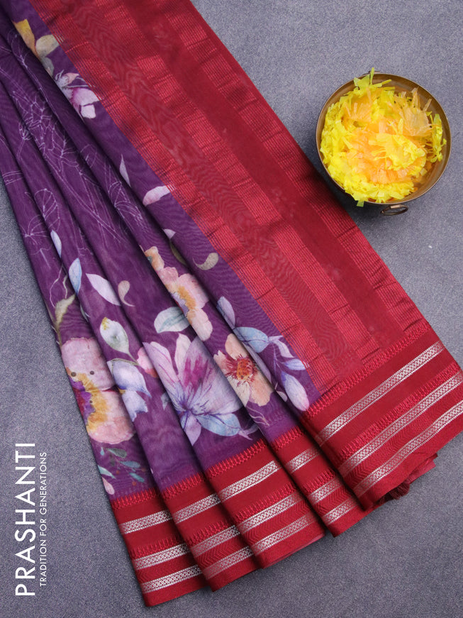 Maheshwari silk cotton saree purple shade and maroon with allover floral prints and thread & zari woven border