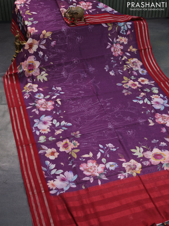 Maheshwari silk cotton saree purple shade and maroon with allover floral prints and thread & zari woven border