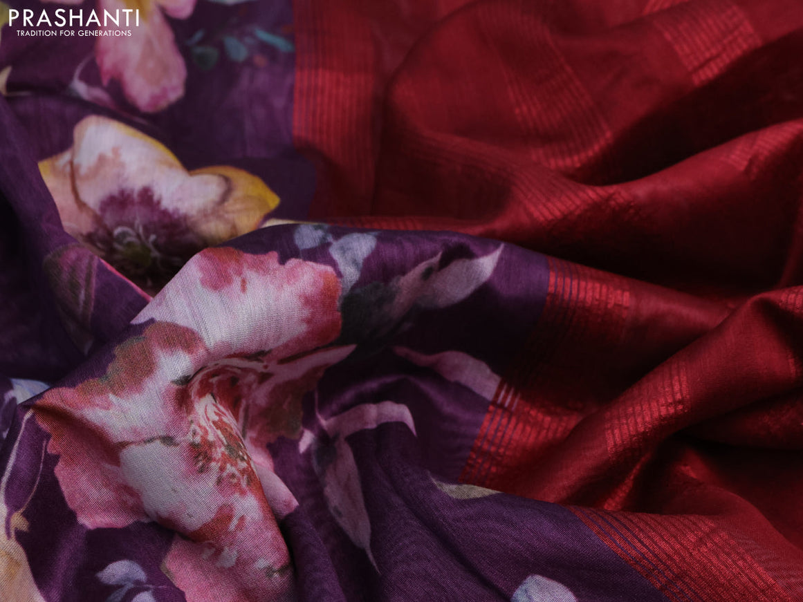 Maheshwari silk cotton saree purple shade and maroon with allover floral prints and thread & zari woven border