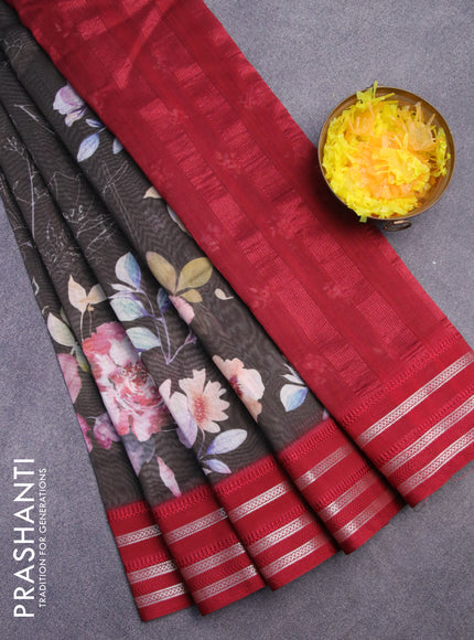 Maheshwari silk cotton saree dark grey and maroon with allover floral prints and thread & zari woven border