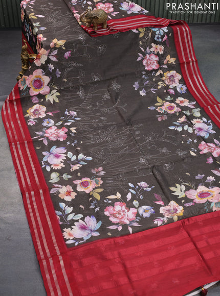 Maheshwari silk cotton saree dark grey and maroon with allover floral prints and thread & zari woven border