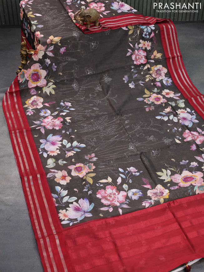 Maheshwari silk cotton saree dark grey and maroon with allover floral prints and thread & zari woven border