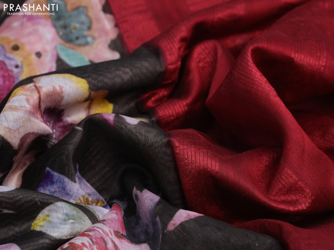 Maheshwari silk cotton saree dark grey and maroon with allover floral prints and thread & zari woven border