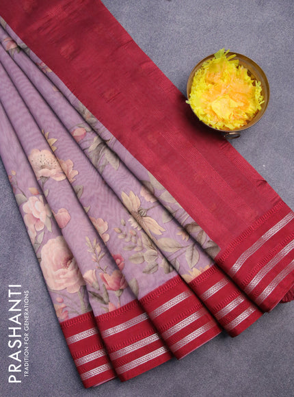 Maheshwari silk cotton saree pastel pink and maroon with allover floral prints and thread & zari woven border