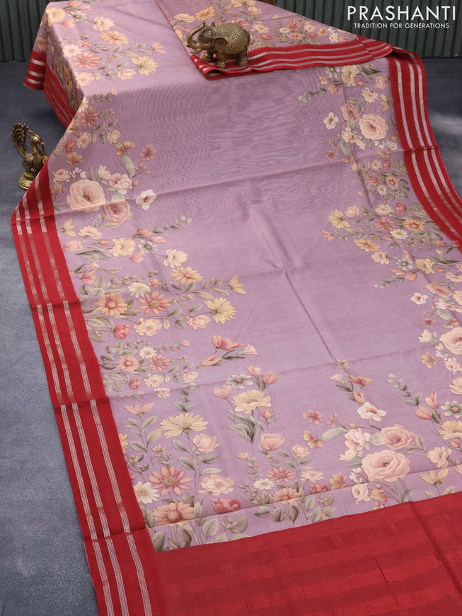 Maheshwari silk cotton saree pastel pink and maroon with allover floral prints and thread & zari woven border