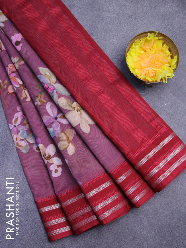 Maheshwari silk cotton saree wine shade and maroon with allover floral prints and thread & zari woven border