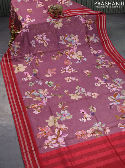 Maheshwari silk cotton saree wine shade and maroon with allover floral prints and thread & zari woven border