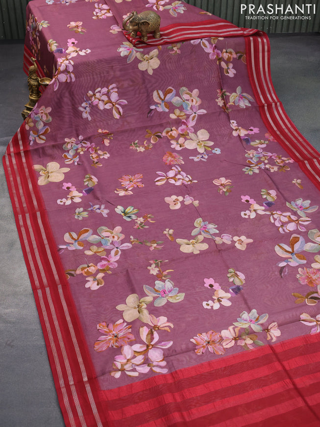 Maheshwari silk cotton saree wine shade and maroon with allover floral prints and thread & zari woven border