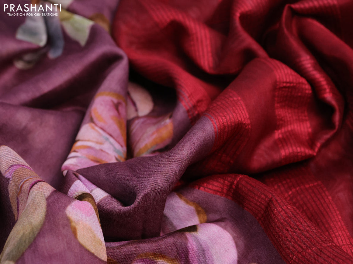 Maheshwari silk cotton saree wine shade and maroon with allover floral prints and thread & zari woven border