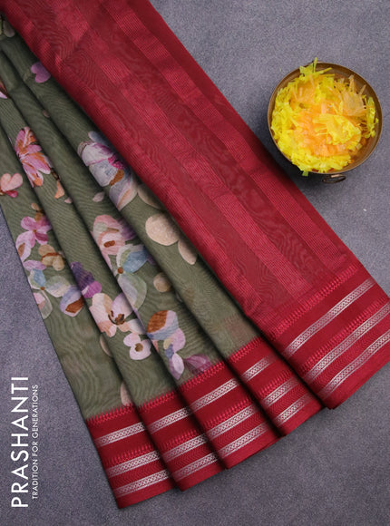 Maheshwari silk cotton saree sap green shade and maroon with allover floral prints and thread & zari woven border