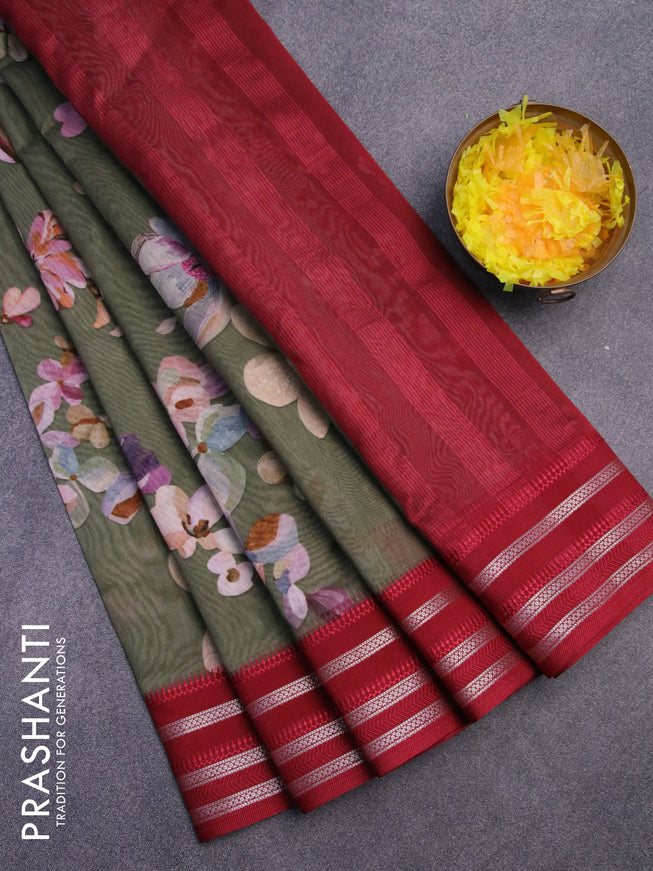 Maheshwari silk cotton saree sap green shade and maroon with allover floral prints and thread & zari woven border