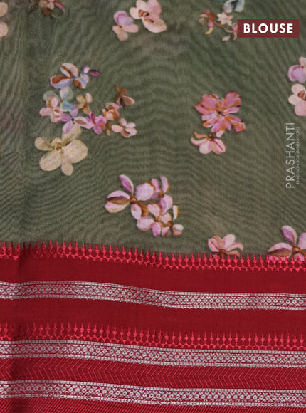 Maheshwari silk cotton saree sap green shade and maroon with allover floral prints and thread & zari woven border